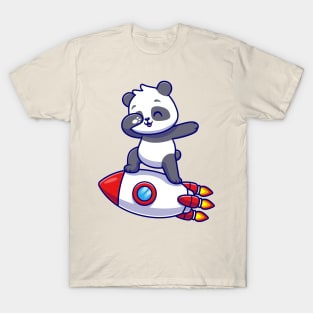 Cute Panda Dabbing On Rocket Cartoon T-Shirt